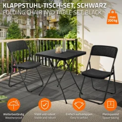 3tlg. Balkonmöbel Set klappbar, Schwarz, Stahl & Rattan-Optik, Gartenmöbel