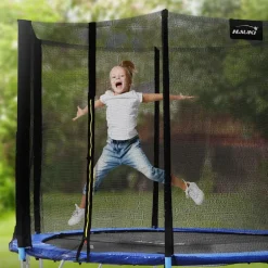 Trampolin Ø244 cm mit Sicherheitsnetz, Leiter und gepolsterten Stangen Blau bis 150kg HAUKI