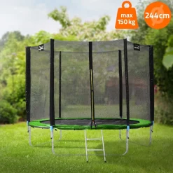 Trampolin Ø244 cm mit Sicherheitsnetz, Leiter und gepolsterten Stangen Grün bis 150kg HAUKI