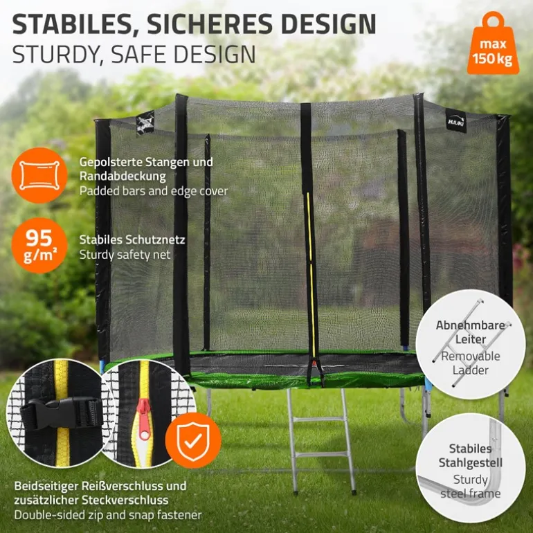 Trampolin Ø244 cm mit Sicherheitsnetz, Leiter und gepolsterten Stangen Grün bis 150kg HAUKI
