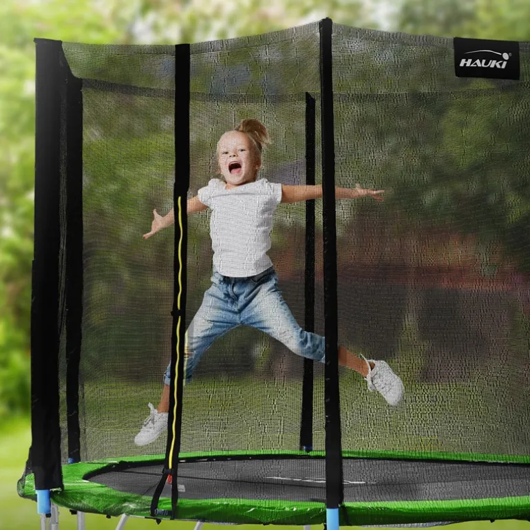 Trampolin Ø244 cm mit Sicherheitsnetz, Leiter und gepolsterten Stangen Grün bis 150kg HAUKI