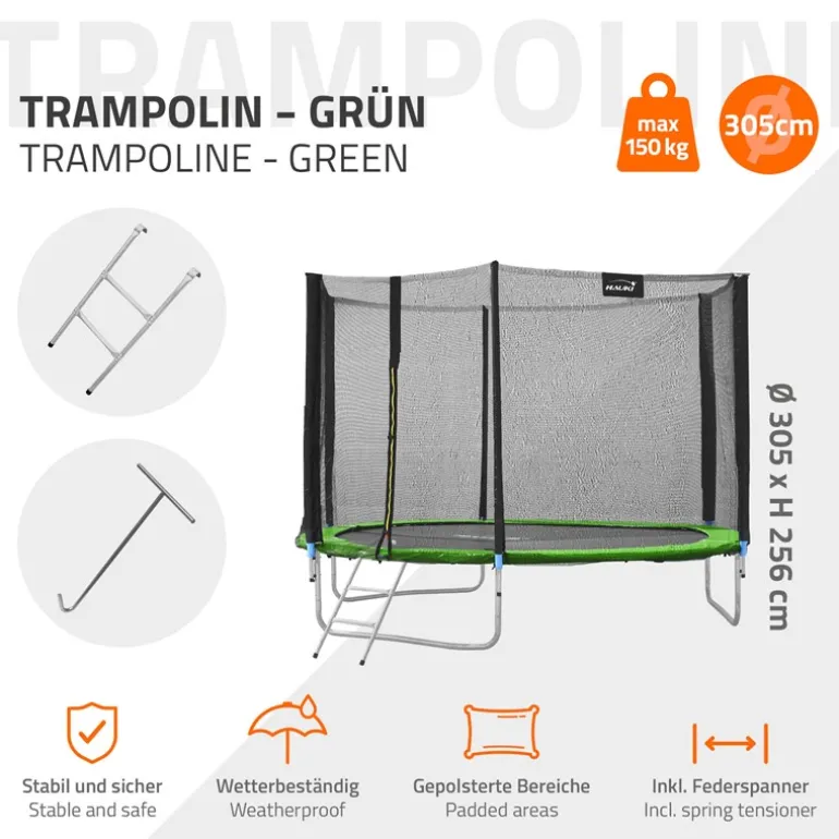 Trampolin Ø305 cm mit Sicherheitsnetz, Leiter und gepolsterten Stangen Grün bis 150kg HAUKI