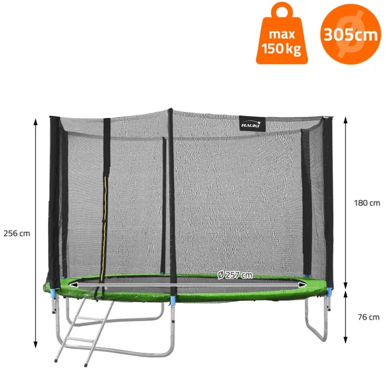 Trampolin Ø305 cm mit Sicherheitsnetz, Leiter und gepolsterten Stangen Grün bis 150kg HAUKI
