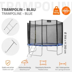 Trampolin Ø366 cm mit Sicherheitsnetz, Leiter und gepolsterten Stangen Blau bis 150kg HAUKI