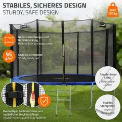 Trampolin Ø427 cm mit Sicherheitsnetz, Leiter und gepolsterten Stangen Blau bis 150kg HAUKI