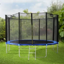 Trampolin Ø427 cm mit Sicherheitsnetz, Leiter und gepolsterten Stangen Blau bis 150kg HAUKI