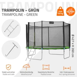 Trampolin Ø427 cm mit Sicherheitsnetz, Leiter und gepolsterten Stangen Grün bis 150kg HAUKI