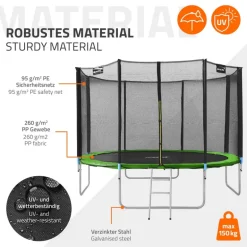 Trampolin Ø427 cm mit Sicherheitsnetz, Leiter und gepolsterten Stangen Grün bis 150kg HAUKI