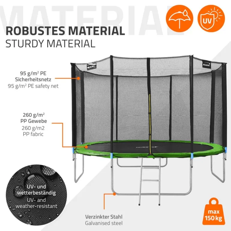 Trampolin Ø427 cm mit Sicherheitsnetz, Leiter und gepolsterten Stangen Grün bis 150kg HAUKI