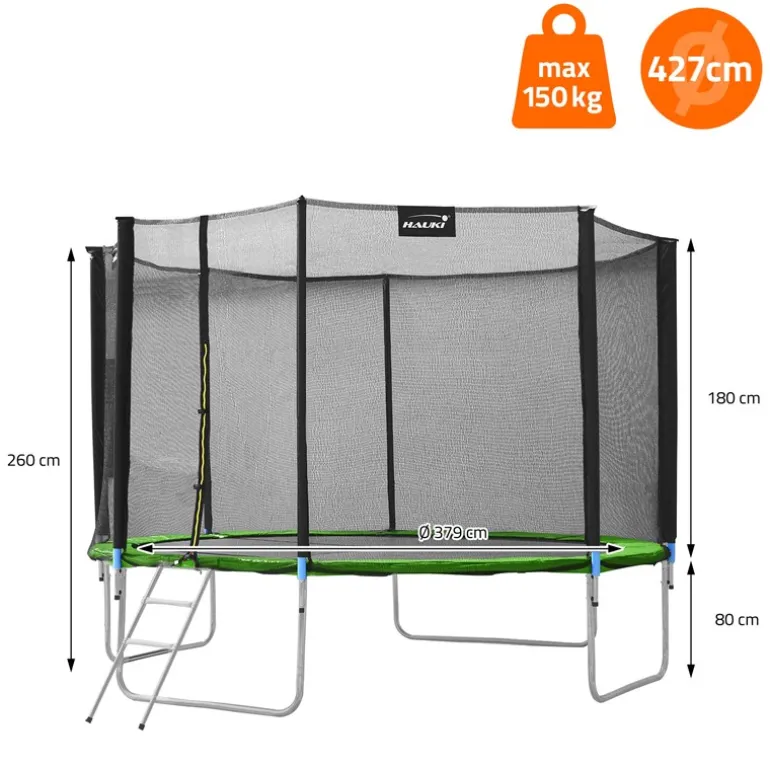 Trampolin Ø427 cm mit Sicherheitsnetz, Leiter und gepolsterten Stangen Grün bis 150kg HAUKI