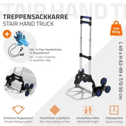 Treppensackkarre mit Treppensteiger klappbar 2x3 Rädern aus Aluminium belastbar bis 80 kg