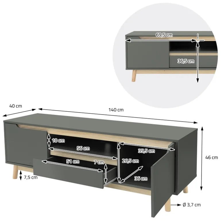 TV Lowboard Fernsehschrank 140x40 cm in mattgrün aus MDF & Kiefernholz ML-Design