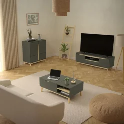 TV Lowboard Fernsehschrank 140x40 cm in mattgrün aus MDF & Kiefernholz ML-Design