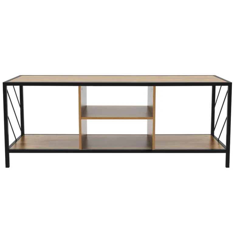 TV-Lowboard 120x40 cm mit Eiche-Rustikal Dekor und Stahlgestell in Schwarz TV Schrank mit 4 Fächern ML-Design