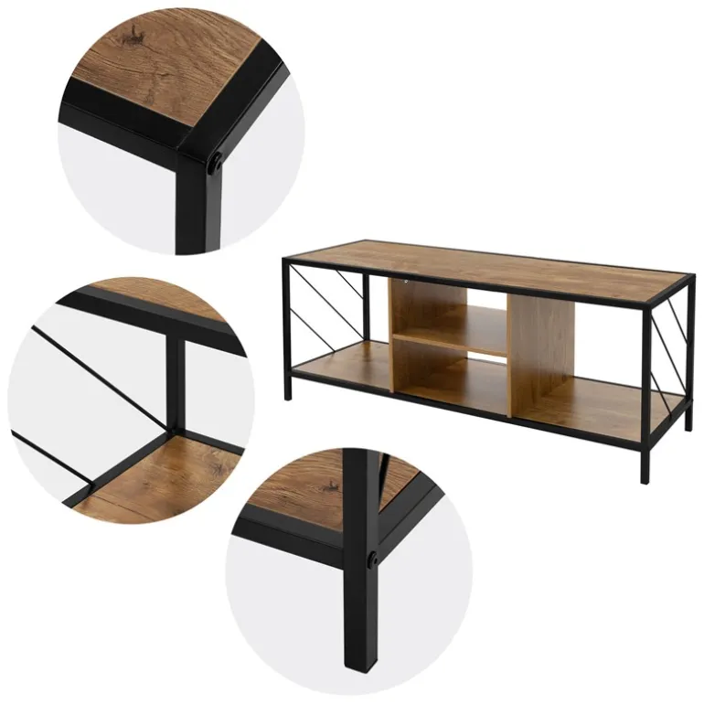 TV-Lowboard 120x40 cm mit Eiche-Rustikal Dekor und Stahlgestell in Schwarz TV Schrank mit 4 Fächern ML-Design