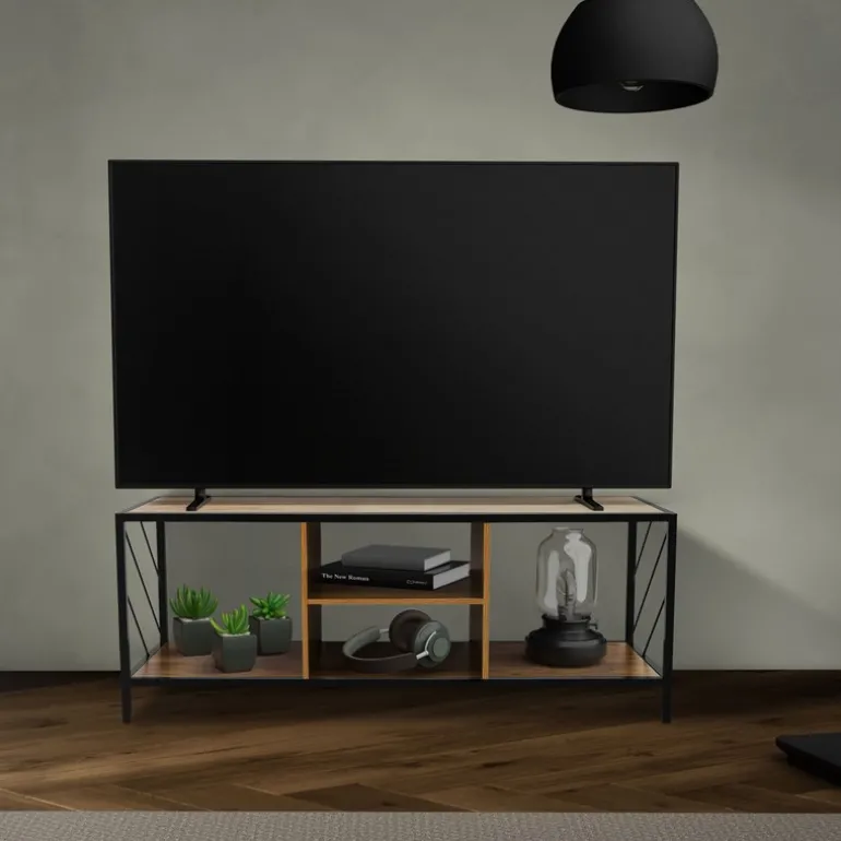 TV-Lowboard 120x40 cm mit Eiche-Rustikal Dekor und Stahlgestell in Schwarz TV Schrank mit 4 Fächern ML-Design