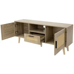TV-Schrank Lowboard 120x50,5x30 cm Holz Eiche-Optik und Rattan Front TV-Board für Fernseher bis 55 Zoll ML-Design