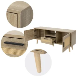 TV-Schrank Lowboard 120x50,5x30 cm Holz Eiche-Optik und Rattan Front TV-Board für Fernseher bis 55 Zoll ML-Design