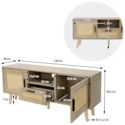 TV-Schrank Lowboard 120x50,5x30 cm Holz Eiche-Optik und Rattan Front TV-Board für Fernseher bis 55 Zoll ML-Design