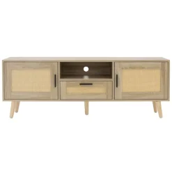 TV-Schrank Lowboard 140x50,5x30 cm Holz Eiche-Optik und Rattan Front TV-Board für Fernseher bis 65 Zoll ML-Design