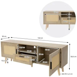 TV-Schrank Lowboard 140x50,5x30 cm Holz Eiche-Optik und Rattan Front TV-Board für Fernseher bis 65 Zoll ML-Design