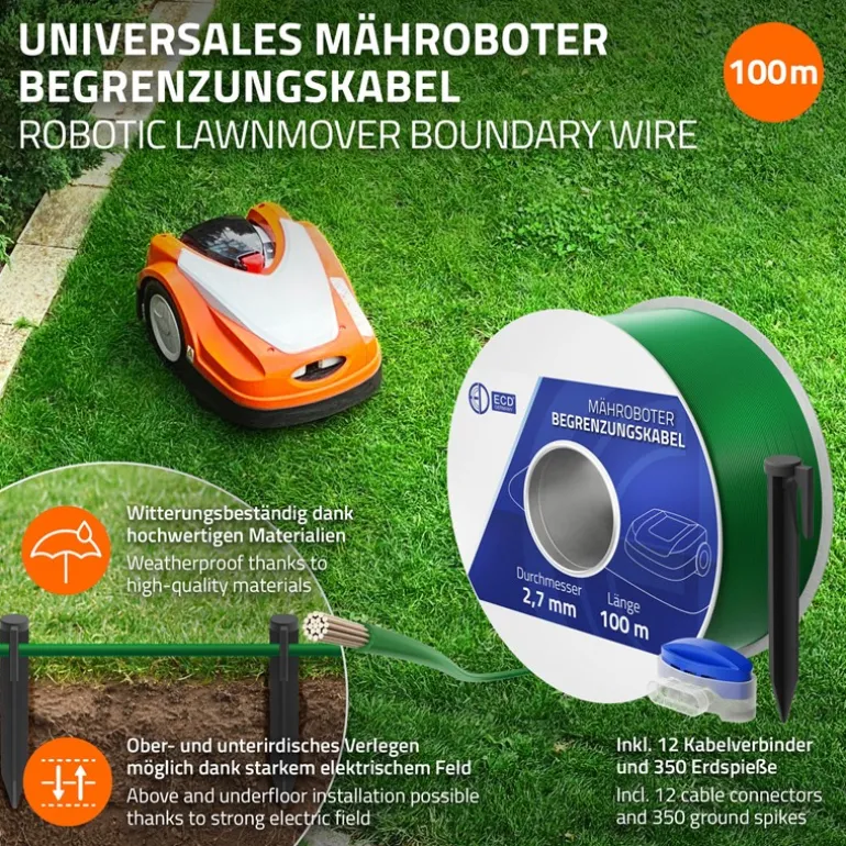 Universal 100m Begrenzungskabel für Mähroboter + 350 Erdnägel
