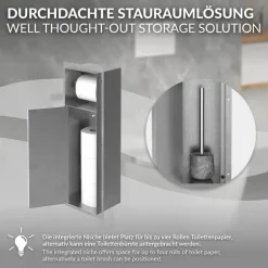 Unterputz-Schrankmodul befliesbar mit Toilettenbürste 60x20x14cm, Silber, Edelstahl WC Wandnische LuxeBath