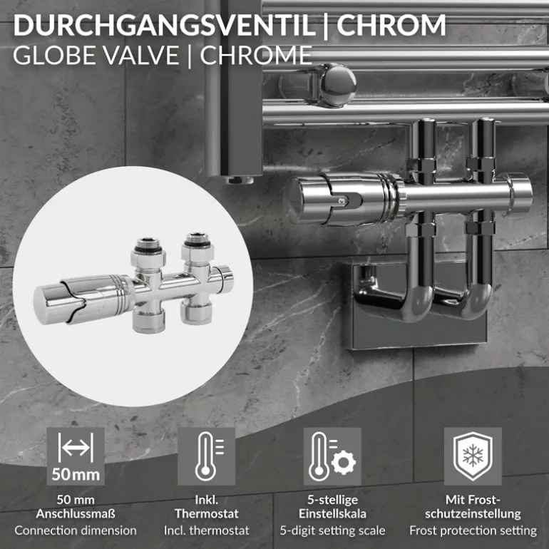 Ventil Armaturen Set Multiblock Chrome Durchgangsform inkl. Thermostatkopf LuxeBath
