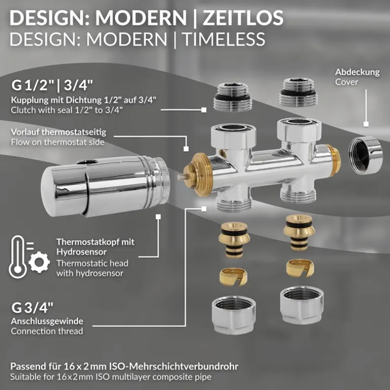 Ventil Armaturen Set Multiblock Chrome Durchgangsform inkl. Thermostatkopf LuxeBath
