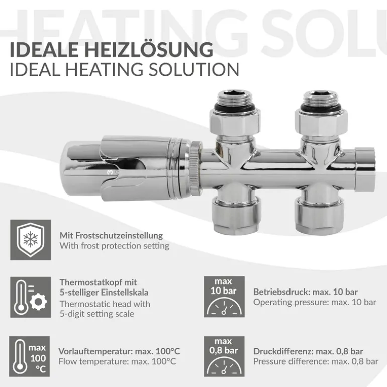Ventil Armaturen Set Multiblock Chrome Durchgangsform inkl. Thermostatkopf LuxeBath