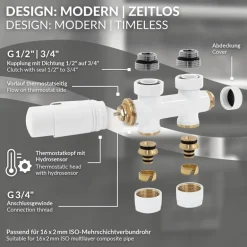 Ventil-Armaturen Set Multiblock Weiß Durchgangsform inkl. Thermostatkopf LuxeBath