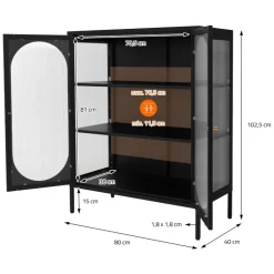 Vitrinenschrank doppeltürig 80x102,5x40 cm Vitrine mit 2 Einlegeböden Schwarz aus Stahl ML-Design