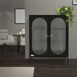 Vitrinenschrank doppeltürig 80x102,5x40 cm Vitrine mit 2 Einlegeböden Schwarz aus Stahl ML-Design