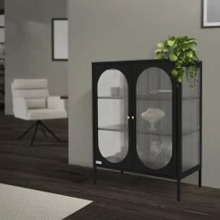 Vitrinenschrank doppeltürig 80x102,5x40 cm Vitrine mit 2 Einlegeböden Schwarz aus Stahl ML-Design