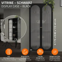 Vitrinenschrank doppeltürig 80x175x40 cm Vitrine mit 4 Einlegeböden Schwarz aus Stahl ML-Design