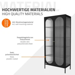 Vitrinenschrank doppeltürig 80x175x40 cm Vitrine mit 4 Einlegeböden Schwarz aus Stahl ML-Design