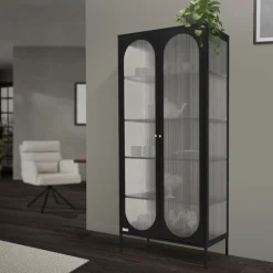 Vitrinenschrank doppeltürig 80x175x40 cm Vitrine mit 4 Einlegeböden Schwarz aus Stahl ML-Design
