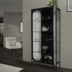 Vitrinenschrank doppeltürig 80x175x40 cm Vitrine mit 4 Einlegeböden Schwarz aus Stahl ML-Design