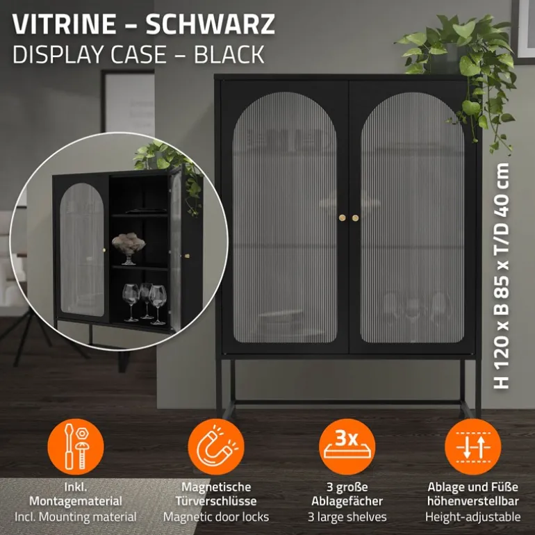 Vitrinenschrank doppeltürig 85x102x40 cm Vitrine mit 2 Einlegeböden Schwarz aus Stahl ML-Design