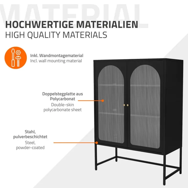 Vitrinenschrank doppeltürig 85x102x40 cm Vitrine mit 2 Einlegeböden Schwarz aus Stahl ML-Design