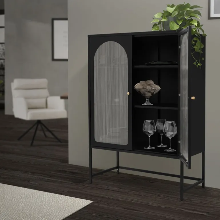 Vitrinenschrank doppeltürig 85x102x40 cm Vitrine mit 2 Einlegeböden Schwarz aus Stahl ML-Design