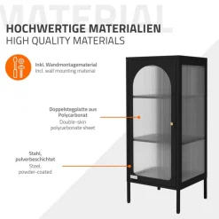 Vitrinenschrank mit Scheibe 42x102,5x40 cm Vitrine mit 2 Einlegeböden Schwarz aus Stahl ML-Design