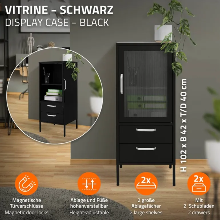 Vitrinenschrank 42x102x40 cm Schwarz aus Stahl Vitrine ML-Design