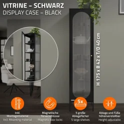 Vitrinenschrank 42x175x40 cm Vitrine mit 4 Einlegeböden Schwarz aus Stahl ML-Design