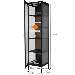 Vitrinenschrank 42x175x40 cm Vitrine mit 4 Einlegeböden Schwarz aus Stahl ML-Design
