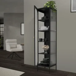Vitrinenschrank 42x175x40 cm Vitrine mit 4 Einlegeböden Schwarz aus Stahl ML-Design