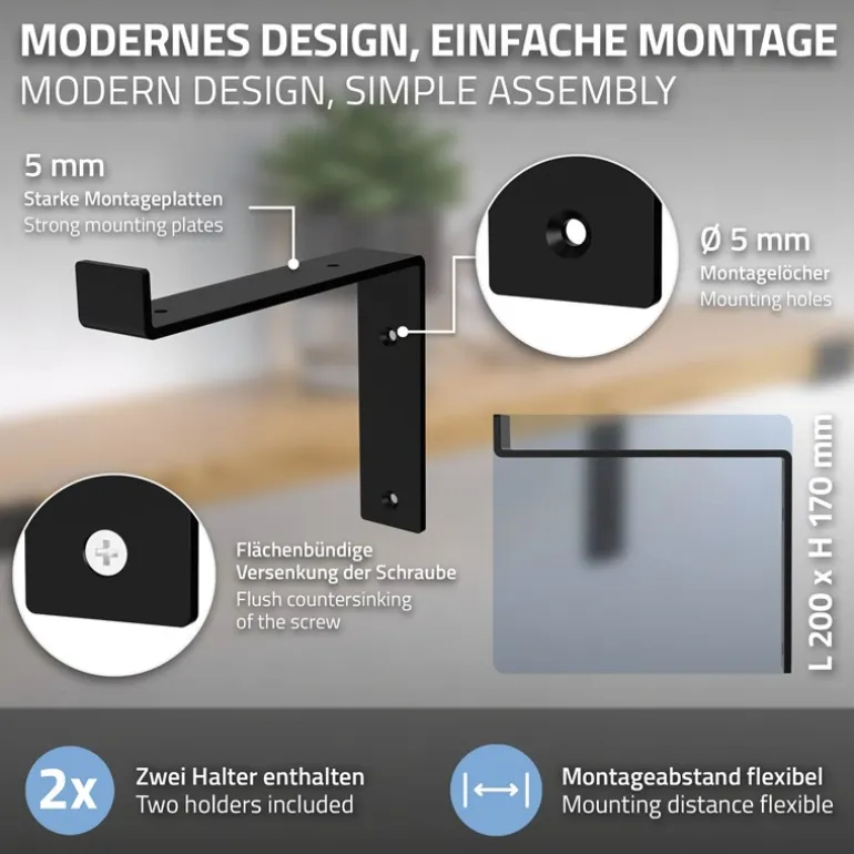 Wandkonsole Regalhalterung 2er Set 200 x 145 mm Schwarz aus Stahl ML-Design