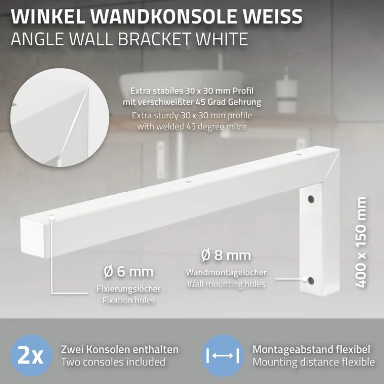 Wandkonsole Regalhalterung 2er Set 400 x 150 mm weiß aus Stahl ML-Design