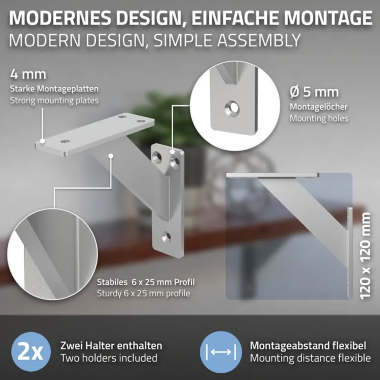 Wandkonsole Regalhalterung 2er Set 120 x 120 mm Silber aus Aluminium ML-Design