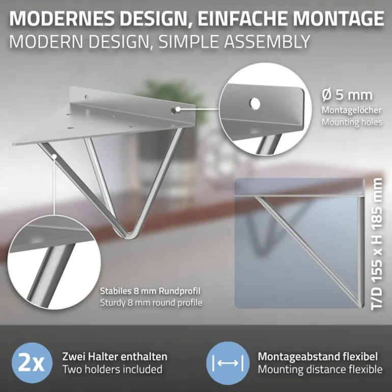 Wandkonsole Regalhalterung 2er Set 160 x 155 x 170 mm Grau aus Stahl ML-Design